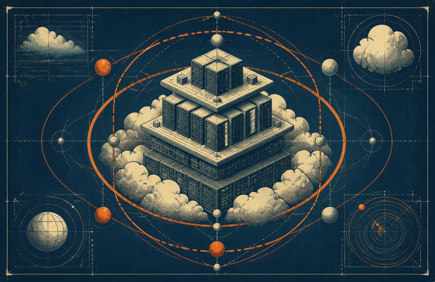 Layered isometric data centre surrounded by orbit rings, illustrating cloud platform structure