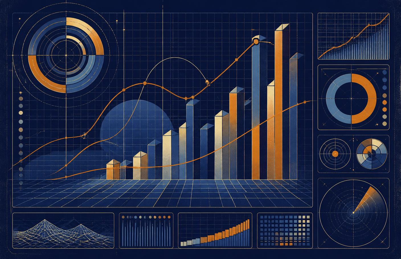 Technical chart panel with plotted curves, bar structures and circular gauges representing analytics output