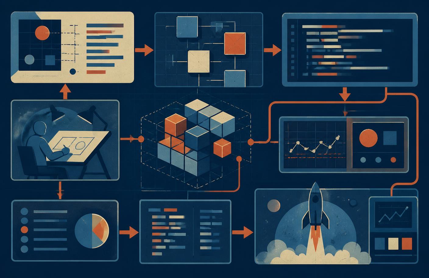 Technical illustration of a software delivery workflow with connected planning, build, review and release panels
