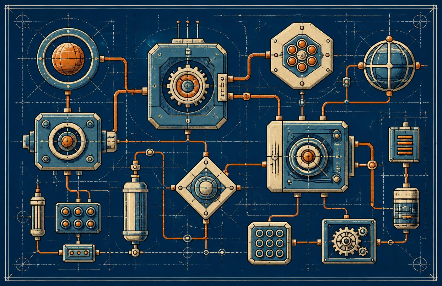 Blueprint-style diagram of interconnected system modules linked by routing lines