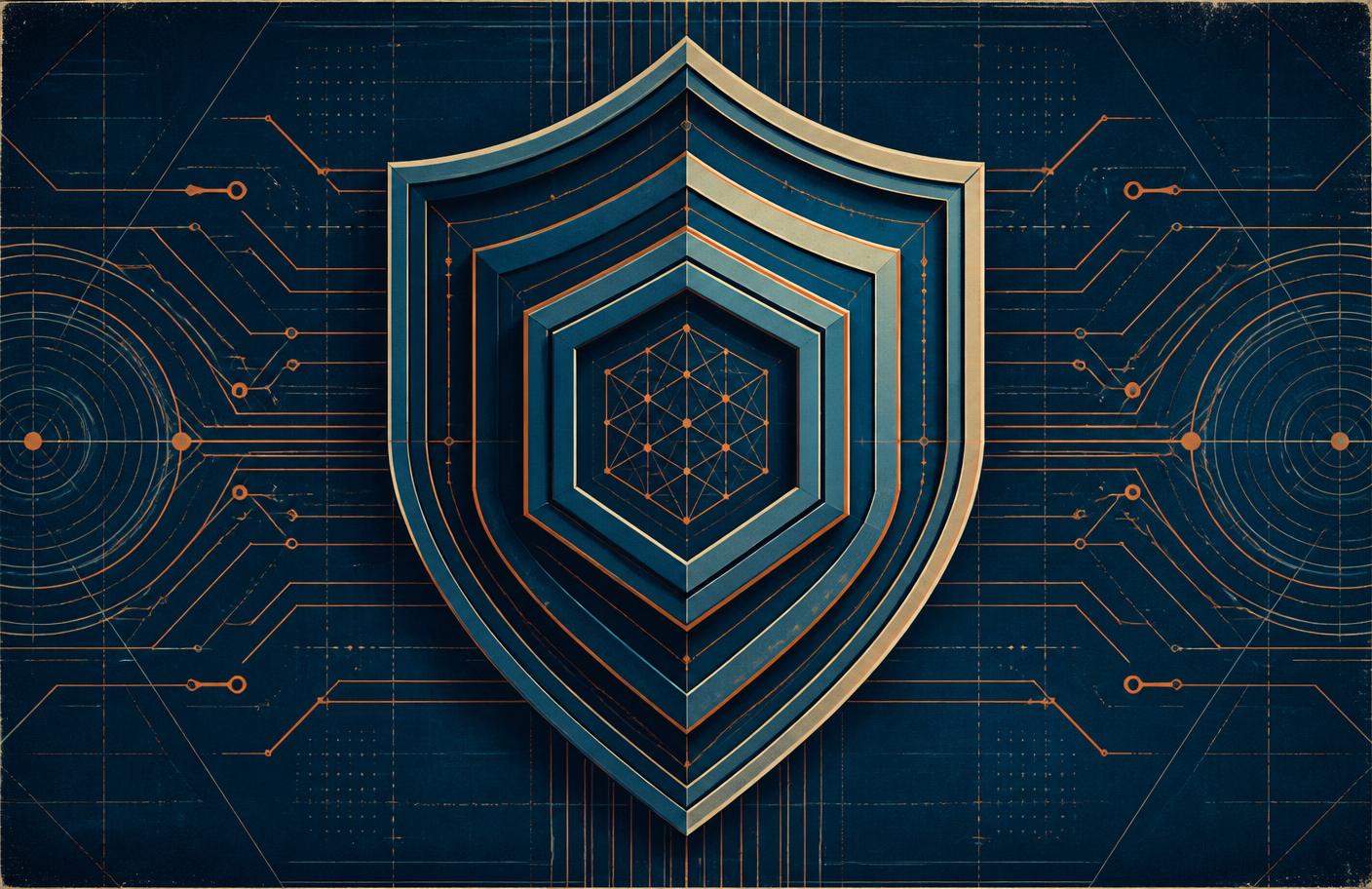 Geometric shield formed from concentric layers over a circuit-pattern background, representing layered security